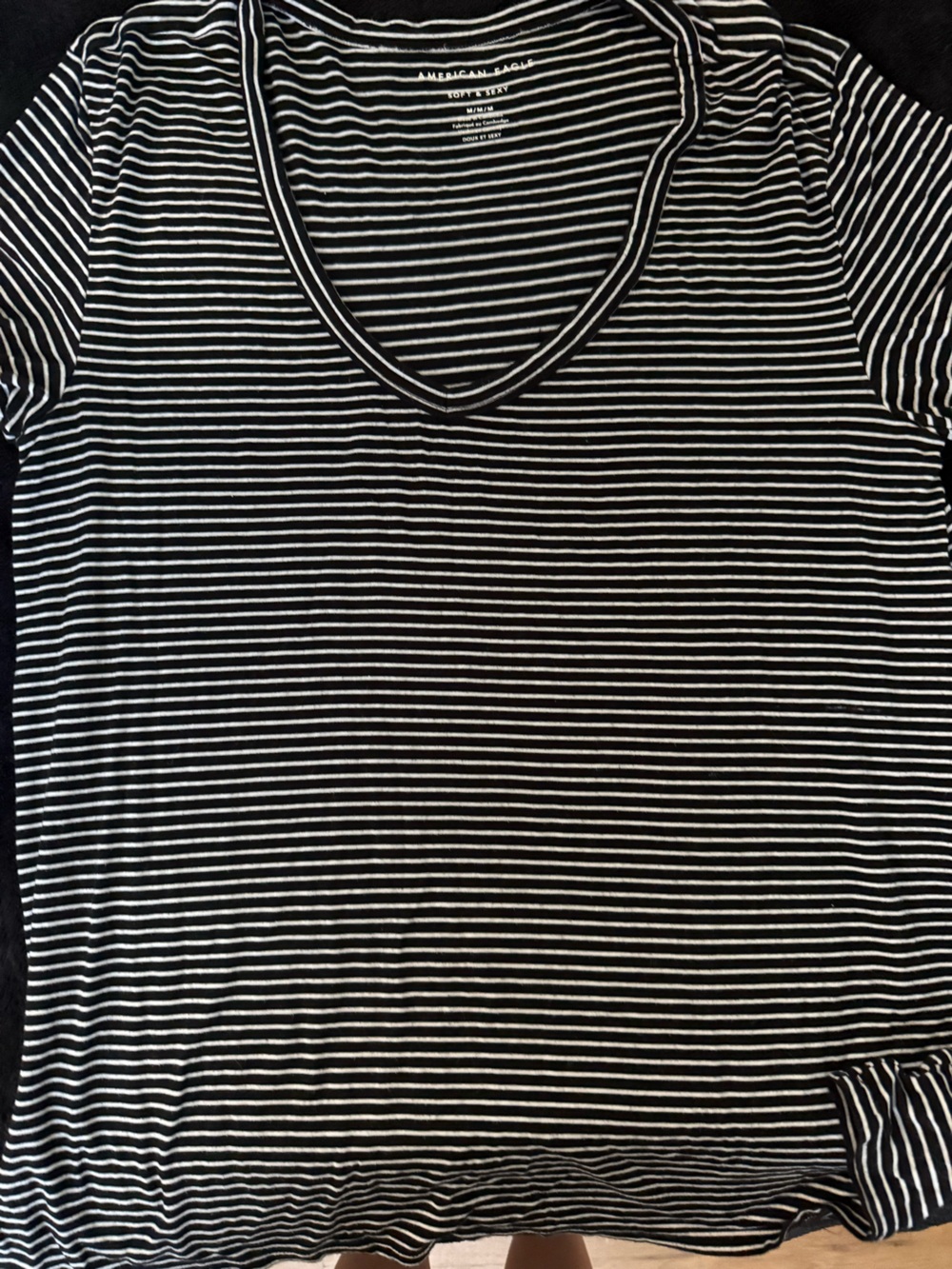 American Eagle Outfitters Black and White Striped V-Neck Tee